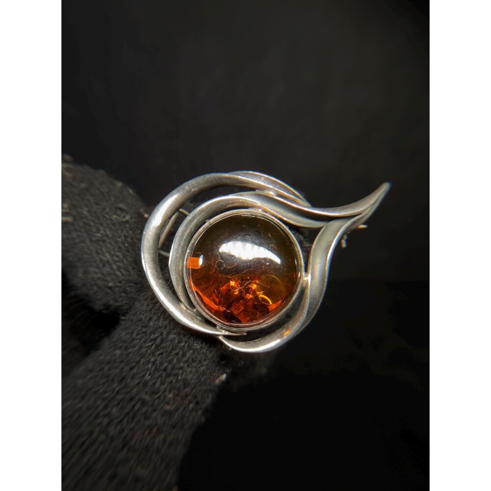 Sterling Silver Amber Brooch Modernist Swirl Pin Large Cognac Cabochon